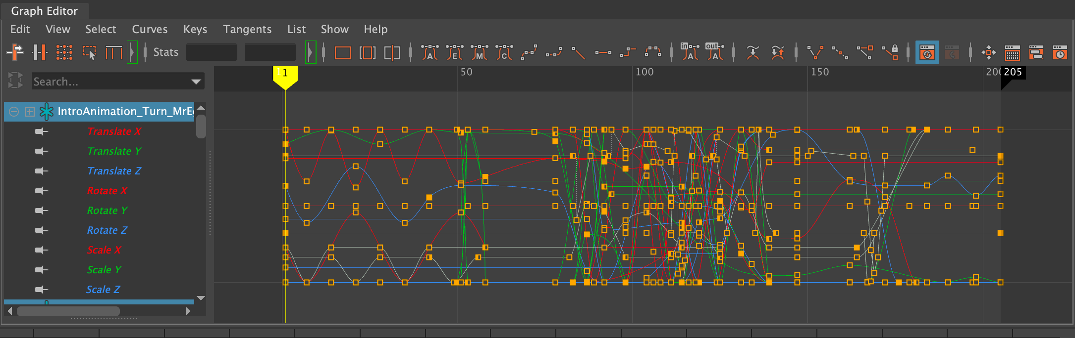 A screenshot of Maya's Graph Editor.